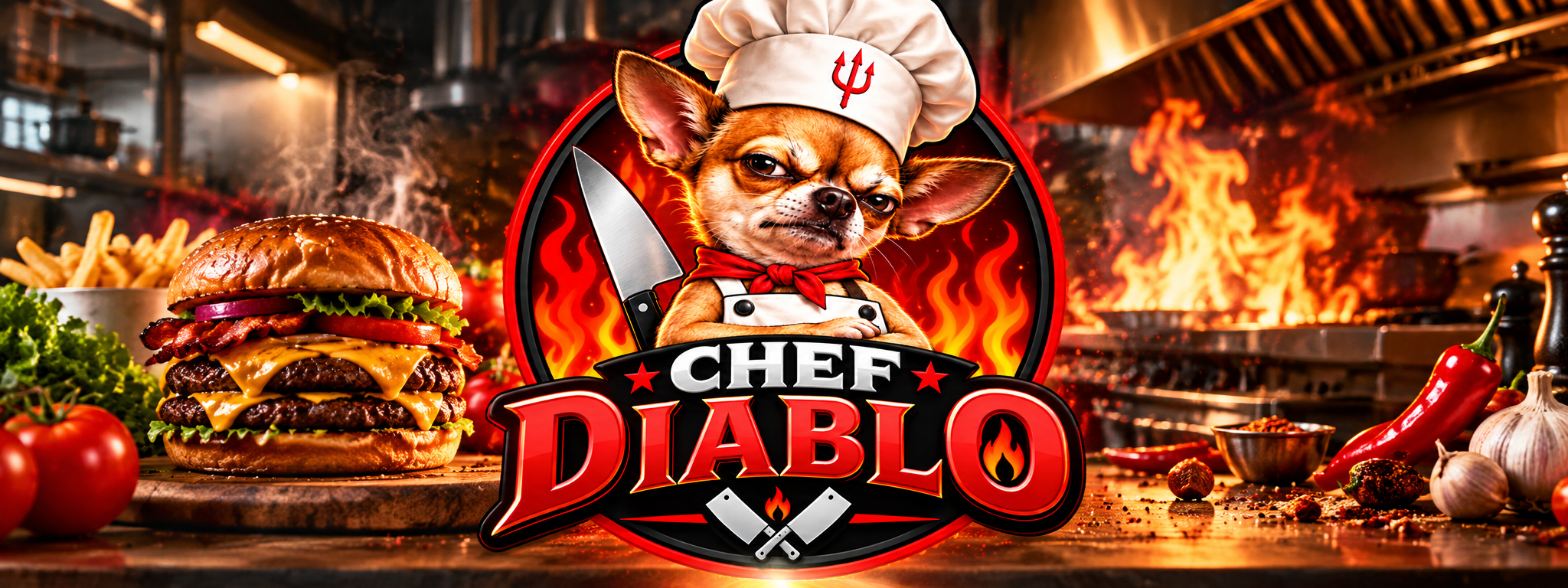Chef Diablo, a chihuahua in a chef's hat with a red trident