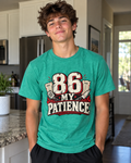 Man in a kitchen wearing a teal Chef Diablo 86 My Patience t-shirt