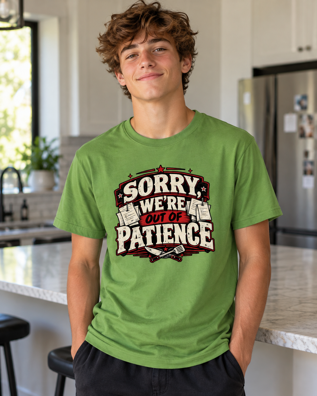 Man in a kitchen wearing a green Chef Diablo Sorry, We're Out of Patience t-shirt