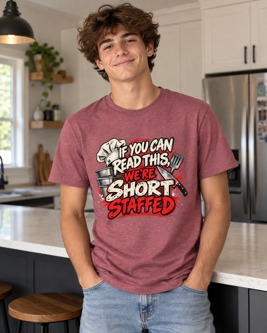 Man in a kitchen wearing a heathered red Chef Diablo If You Can Read This, We're Short Staffed t-shirt