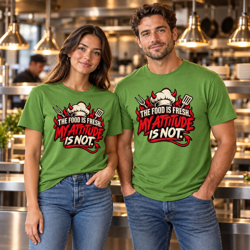Man and woman in a restaurant kitchen wearing green Chef Diablo The Food Is Fresh. My Attitude Is Not. t-shirts