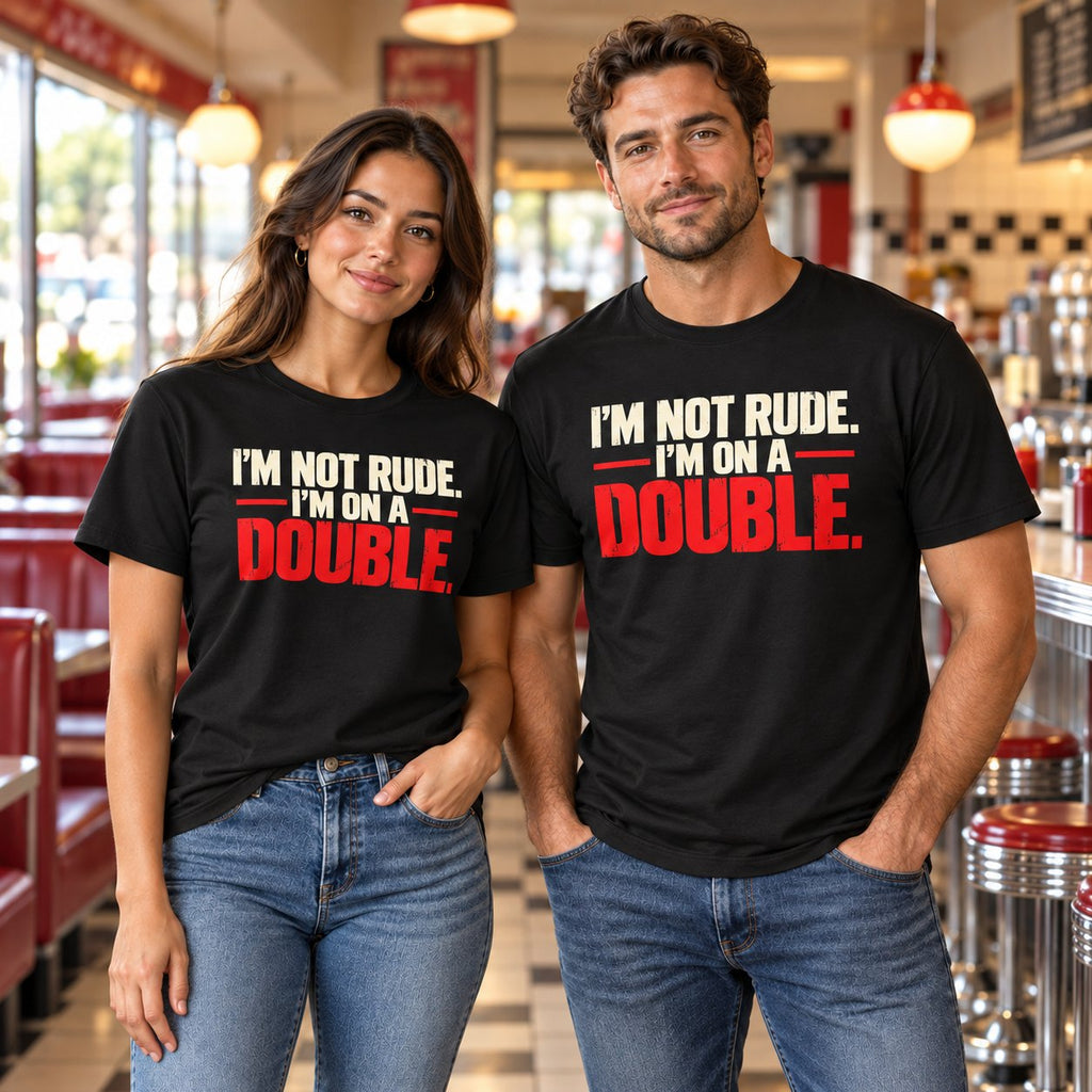 Man and woman in a diner wearing black Chef Diablo I'm Not Rude, I'm On A Double t-shirts