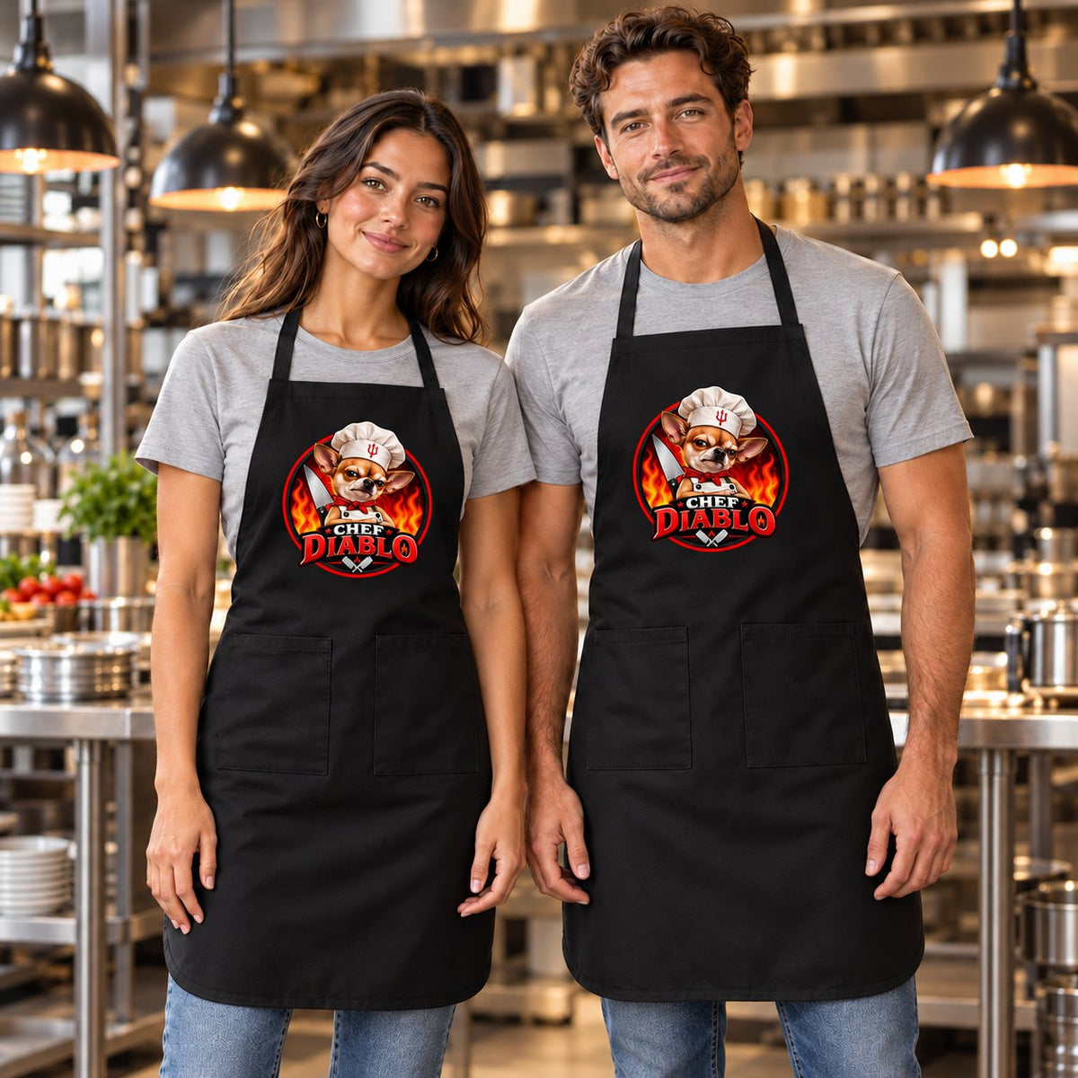Man and woman in a restaurant kitchen wearing black aprons with the Chef Diablo badge