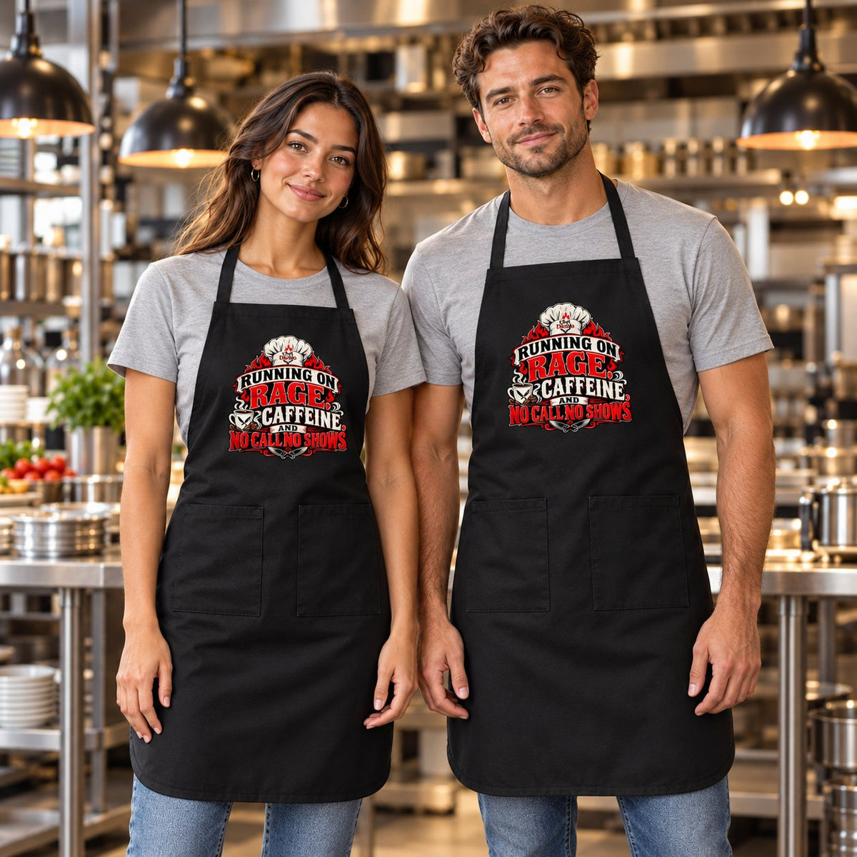 Man and woman in a restaurant kitchen wearing black Chef Diablo Running on Rage, Caffeine and No Call No Shows aprons